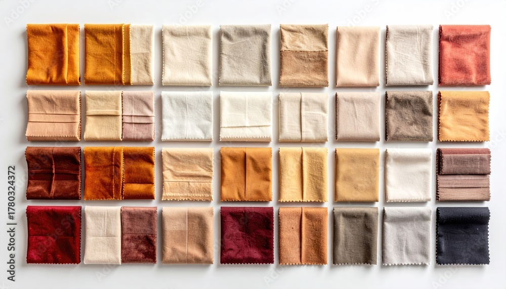 Fototapeta premium Arrangement Of Thirty Six Fabric Swatches In Various Colors And Textures Laid Out In A Grid Pattern On A White Surface With Soft Shadows Overhead
