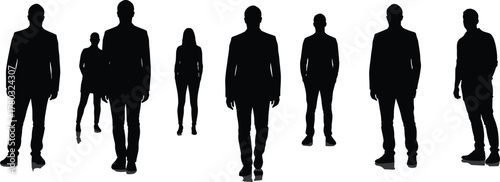 Business silhouettes, diverse professionals, teamwork concept, corporate people, leadership poses, office attire, career diversity, black figures, white background, professional illustration