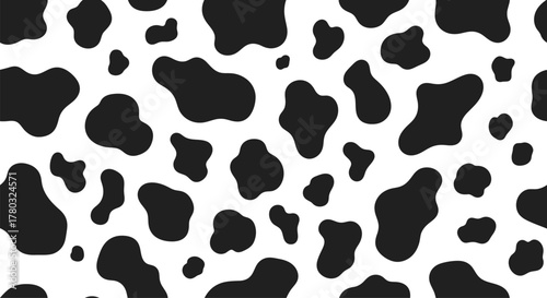 Vector cow print pattern background. Black irregular patches on white backdrop. Abstract cow skin or fur texture.