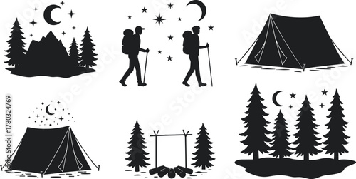 Camping silhouettes, forest night scene, tent under stars, hikers trekking, campfire setup, pine trees, outdoor adventure, moonlight, wilderness, nature icons