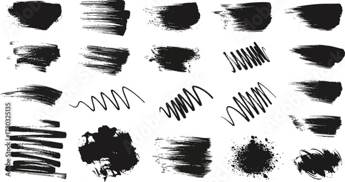 Hand drawn charcoal pencil lines, smears and squiggles set. Scribble black strokes, curly scribbles. Grungy graphite pen art brushes, textured doodle
