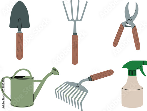 Assorted Garden Tools for Planting and Watering on White Background gardening tools shovel