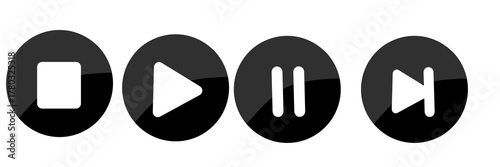 Media player control buttons stop play pause and next icons on transparent background