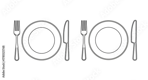 Simple black and white drawing of plates forks and knives