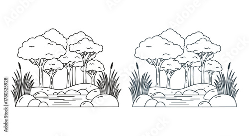 Simple black and white illustration of trees and a pond side by side