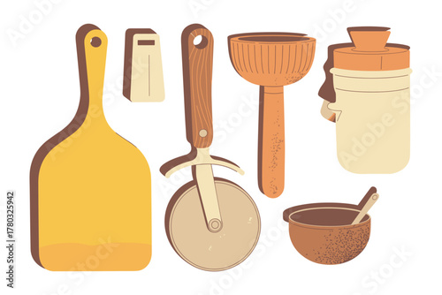 Assortment of kitchen utensils and cooking tools on white background pizza cutter pizza peel