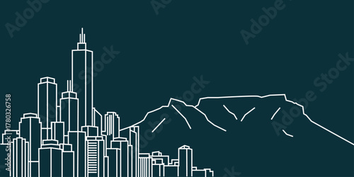 Cape Town city skyline with mountain background line art vector illustration.