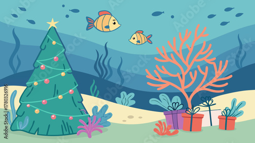 Underwater Christmas scene with a decorated tree and gifts, surrounded by aquatic life