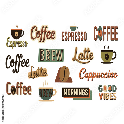 Retro Style Coffee Beverage Typography Set: Espresso, Latte, Cappuccino, Brew, Mornings, and Good Vibes Lettering with Steaming Coffee Cup and Bean Illustrations for Cafe Menu Design