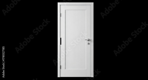White door with silver handle and keyhole stands against a black backdrop