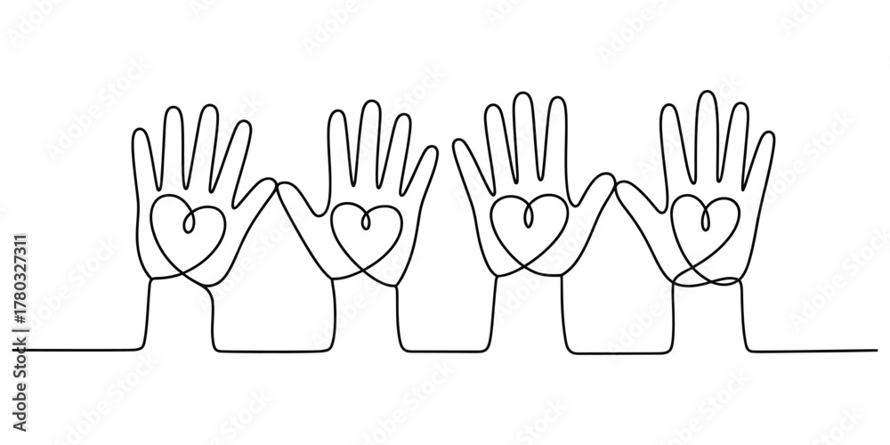 Obraz premium Continuous line art of four hands with hearts for unity and care