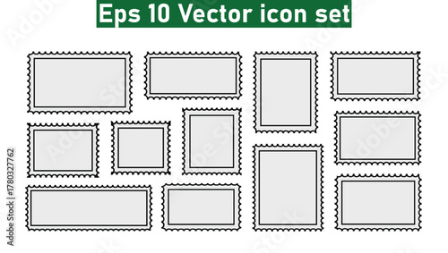 Collection of 12 blank grey postage stamp frames with perforated edges on a white background outline icons pack. Vector illustration eps10