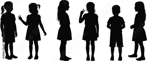 Children silhouette, standing kids, black outline, playful pose, nonverbal gesture, child posture, body language, white background, youth, minimal style