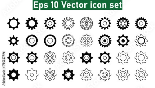 Collection of black and white gear icons in various styles and sizes Keywords: gear, cogwheel, mechanical outline icons pack. Vector illustration eps10