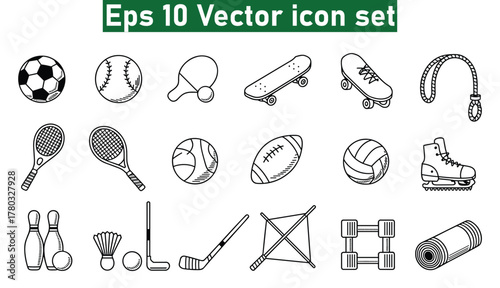 Collection of Hand Drawn Sports and Activity Icons in Black and White soccer ball baseball outline icons pack. Vector illustration eps10