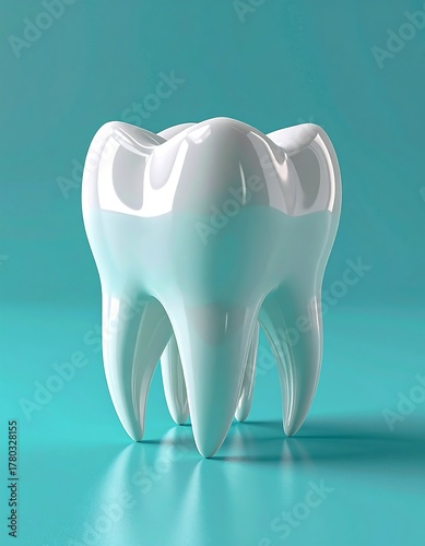 A close-up view of a pristine, pearly-white molar tooth against a teal backdrop. The image focuses on its glossy surface and intricate structure