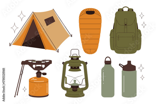 Camping equipment set on white background with sparkles tent sleeping bag