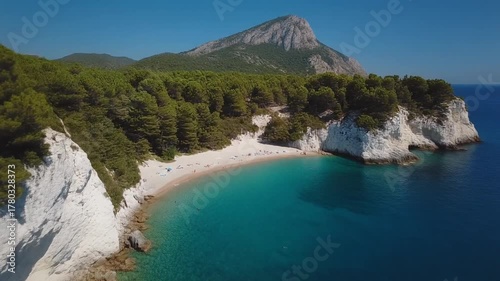 Breathtaking aerial view of a secluded white cliff cove beach with turquoise water, backed by a lush pine forest and a dramatic, soaring mountain peak.