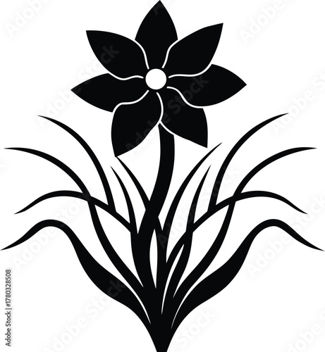 Stylized black silhouette of narcissus flower with grass and stem design element