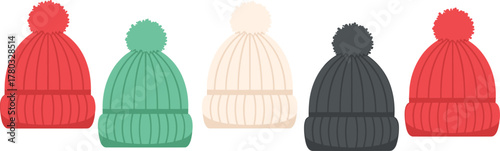 Collection of Five Knitted Winter Hats with Pom Poms in Various Colors beanie knitted hat