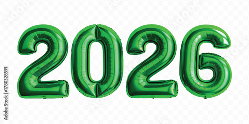 realistic 3d 2026 typography made by with different color foil balloons isolated on transparent background