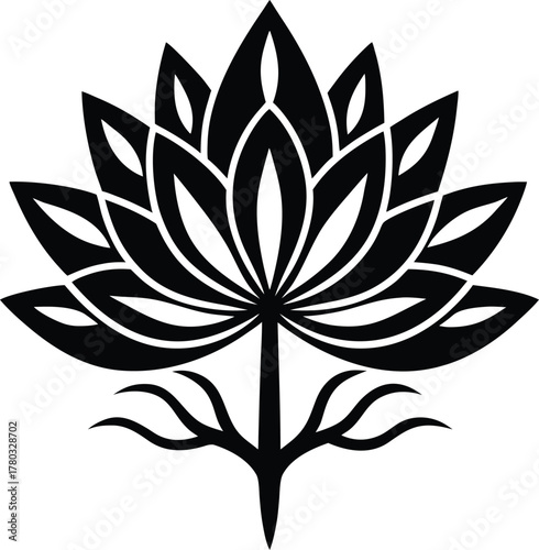 Abstract flowering plant with elaborate petals and roots on transparent background