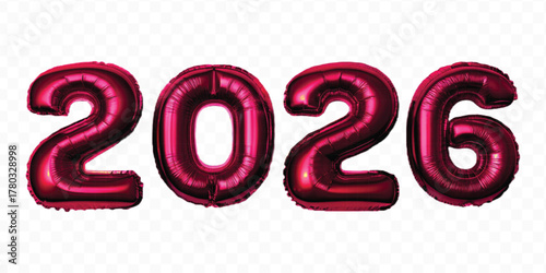 realistic 3d 2026 typography made by with different color foil balloons isolated on transparent background