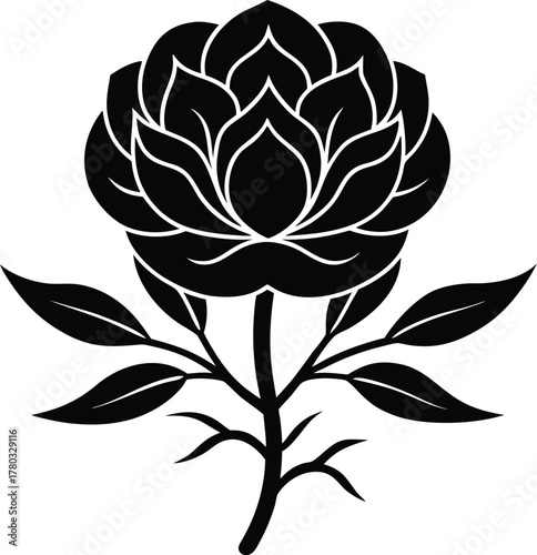 Black silhouette of a blossoming rose flower on a transparent background
