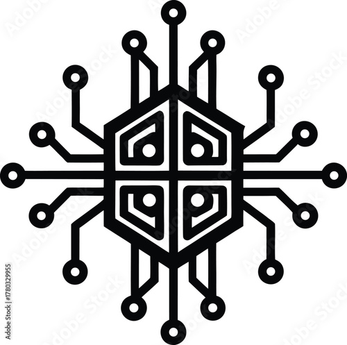 Abstract hexagonal microchip with circuit board lines and connection points concept