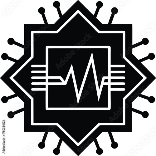 Integrated circuit with sound wave, computer chip vector icon for design