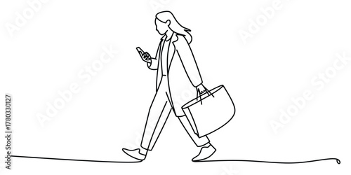 Woman walking with shopping bag, holding smartphone, line art