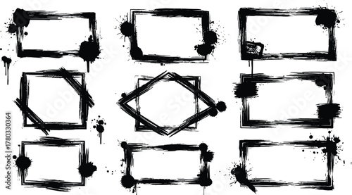 Mega bundle of different ink brush strokes:rectangle,square and round freehand drawings.Ink splatters,grungy painted lines,artistic design elements:waves,circles,triangles.