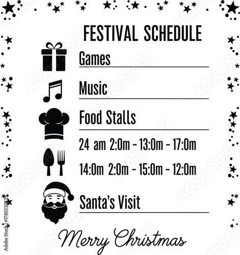 Christmas festival schedule black and white vector design with icons for winter holiday celebration and event program template.