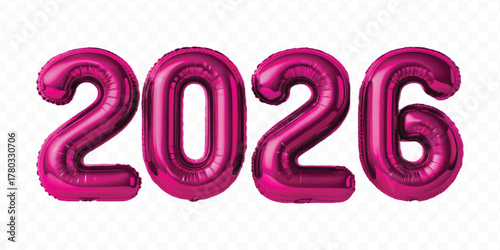 realistic 3d 2026 typography made by with different color foil balloons isolated on transparent background