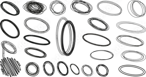 Hand drawn charcoal pencil lines, smears and squiggles set. Scribble black strokes, curly scribbles. Grungy graphite pen art brushes, textured doodle