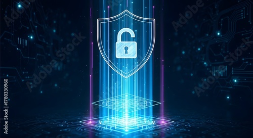 Futuristic digital security concept with a luminous unlocked shield icon representing data protection failure and system vulnerability
