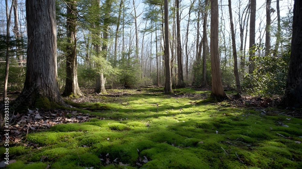 Fototapeta premium Sunlit forest floor carpeted in vibrant green moss illuminated by d d light filtering through trees