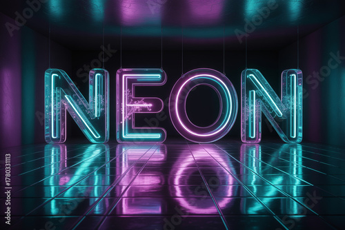 Stunning neon sign shining bright with vibrant turquoise and pink lights, perfect for modern advertising campaigns or a stylish retro themed backdrop
