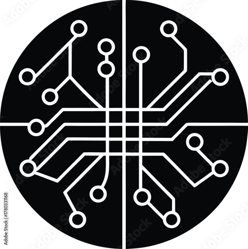 Circular circuit board outline, microchip connections circle vector symbol