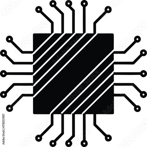 Computer chip with circuit board connections, processor microchip vector
