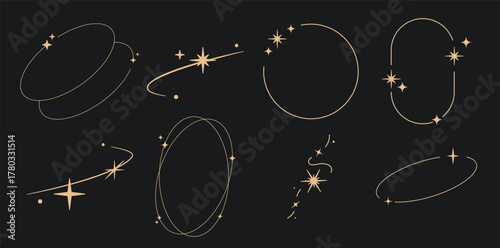 Sparkle star frame. wreath round stardust border for party, birthday decor design. laurel frame with, cosmic glitter shine. isolated black flat vector illustration.
