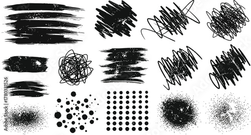 Hand drawn charcoal pencil lines, smears and squiggles set. Scribble black strokes, curly scribbles. Grungy graphite pen art brushes, textured doodle
