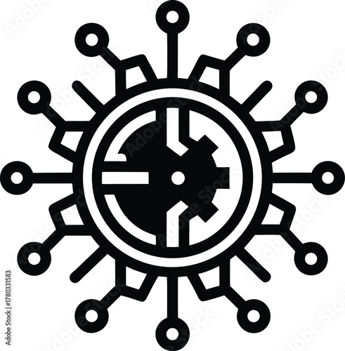 Quantum computing network icon with integrated gear for advanced technology