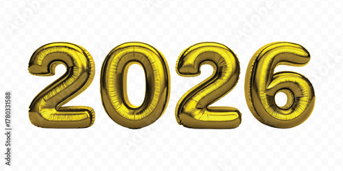 realistic 3d 2026 typography made by with different color foil balloons isolated on transparent background
