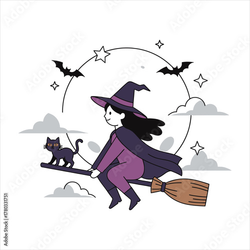 Cute Witch and Black Cat Flying on Broomstick - Halloween Night Adventure