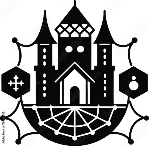 Black creepy castle with spider web and hexagonal frames, a haunted house