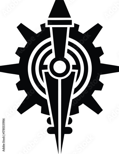 Black cogwheel with a stylized weapon, a sharp spike, an industrial sign