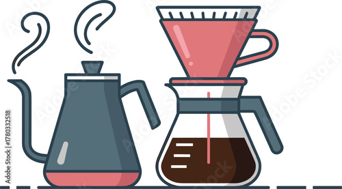 Pour Over Coffee Brewing Setup with Steaming Kettle and Carafe Keywords: coffee, pour over