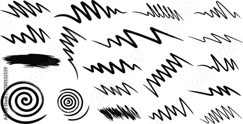 Hand drawn charcoal pencil lines, smears and squiggles set. Scribble black strokes, curly scribbles. Grungy graphite pen art brushes, textured doodle