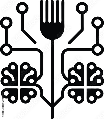 Circuit board brain with fork representing smart eating and technology connection